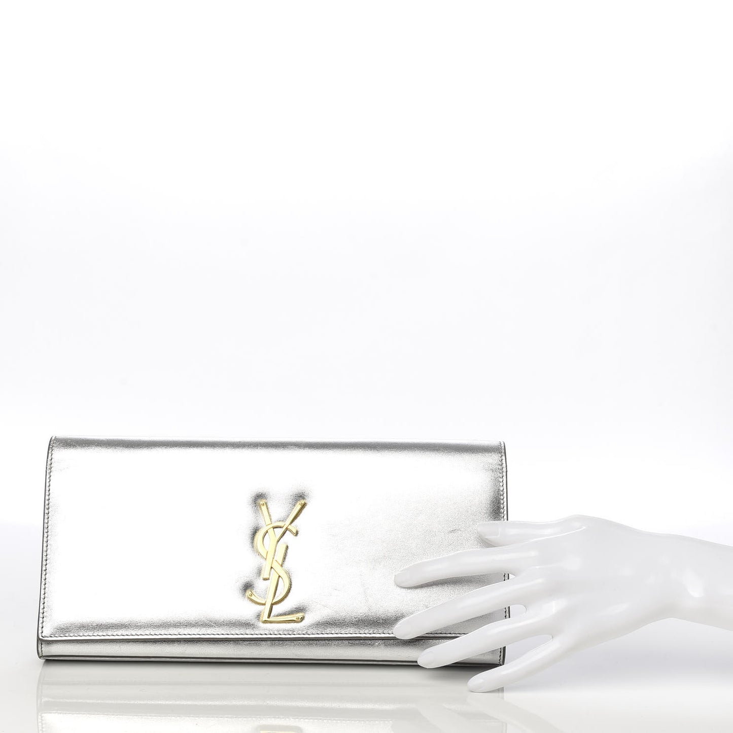 Textured Metallic Calfskin Classic Monogram Cassandre Clutch Silver