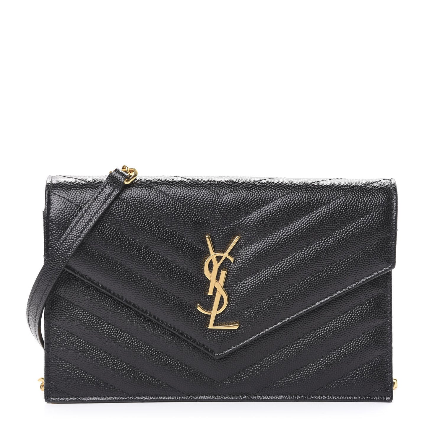 Grain De Poudre Matelasse Chevron Monogram Envelope Chain Wallet Black