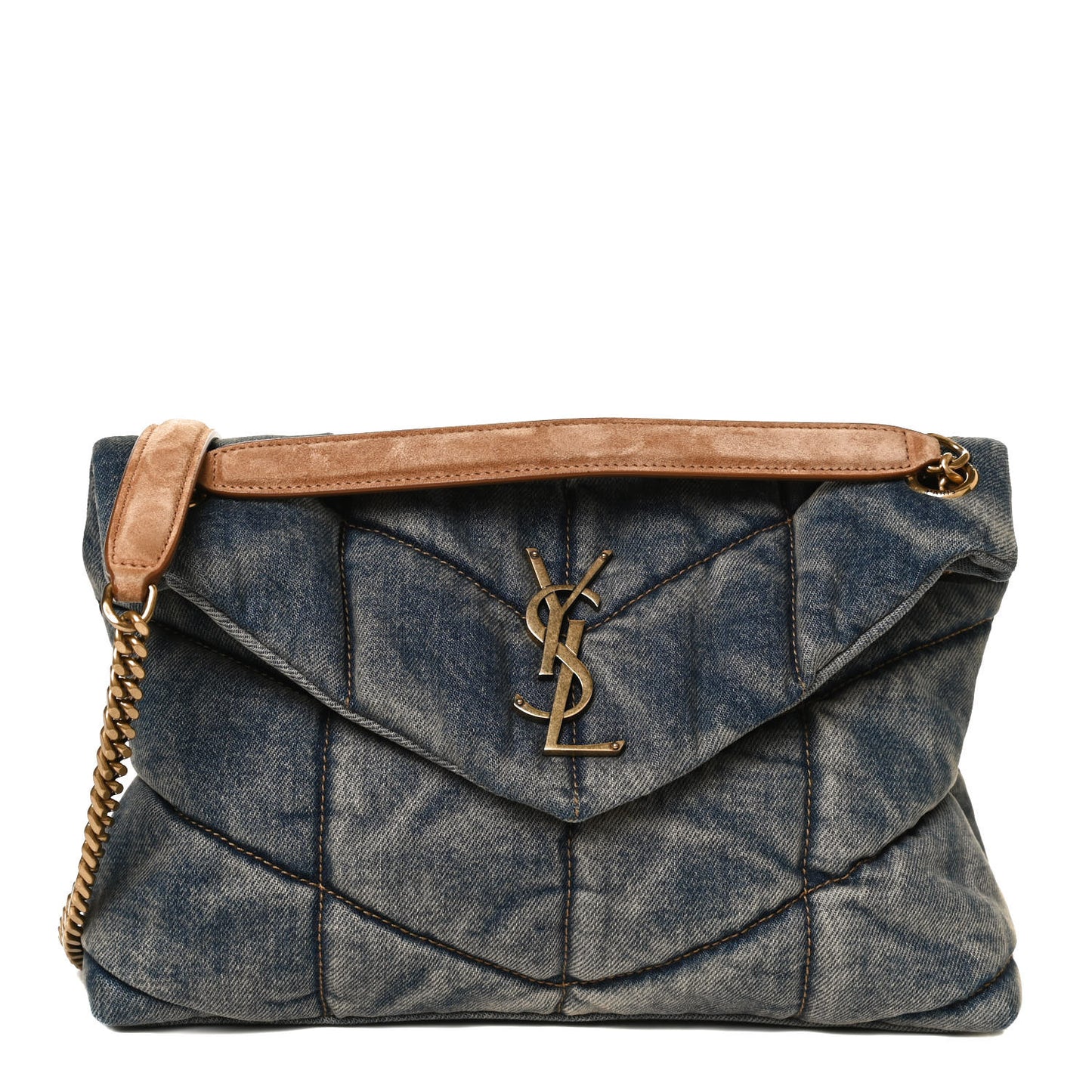 Denim Quilted Small Loulou Puffer Monogram Chain Satchel Blue Cinnamon