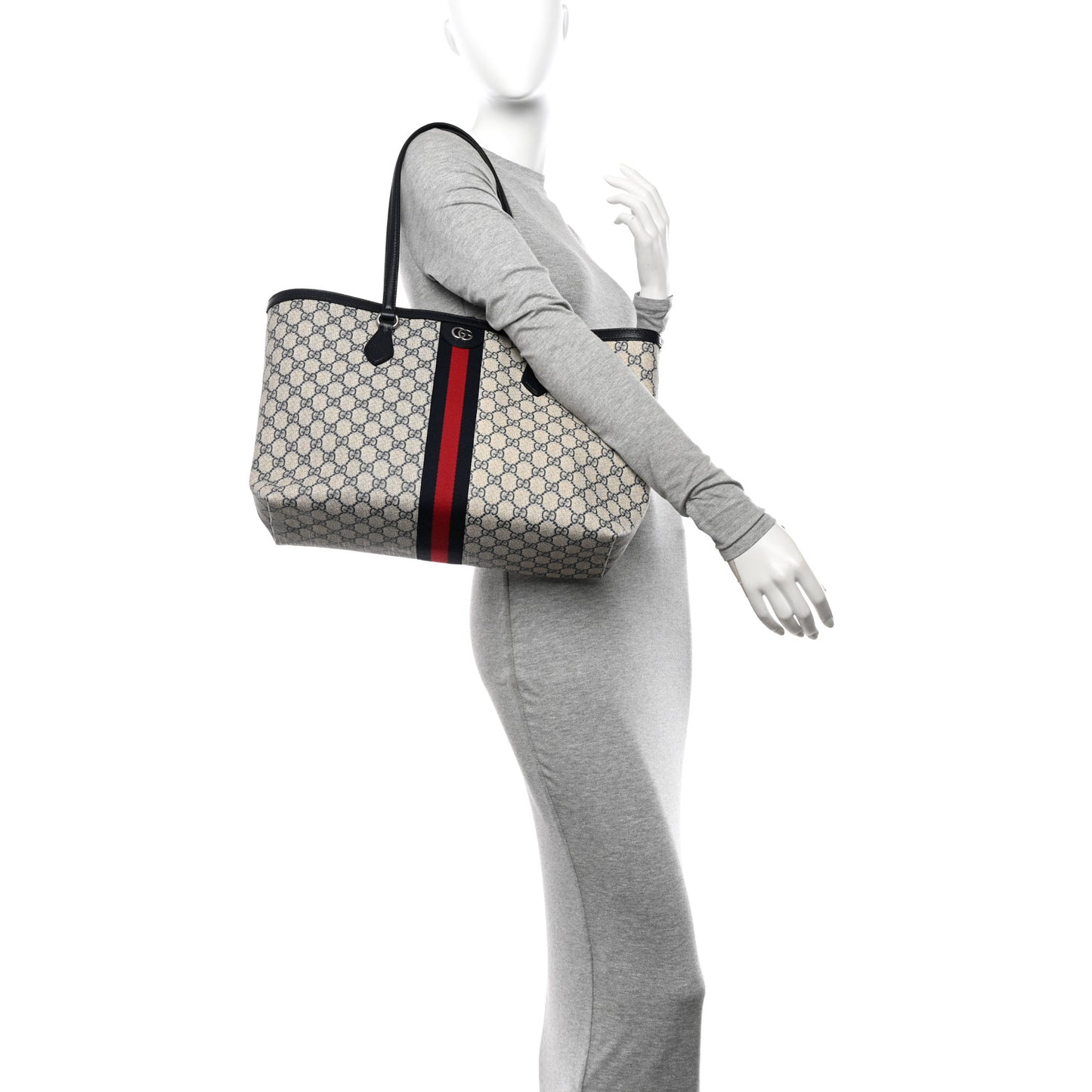 GG Supreme Monogram Textured Calfskin Web Medium Ophidia Shopping Tote Beige Blue
