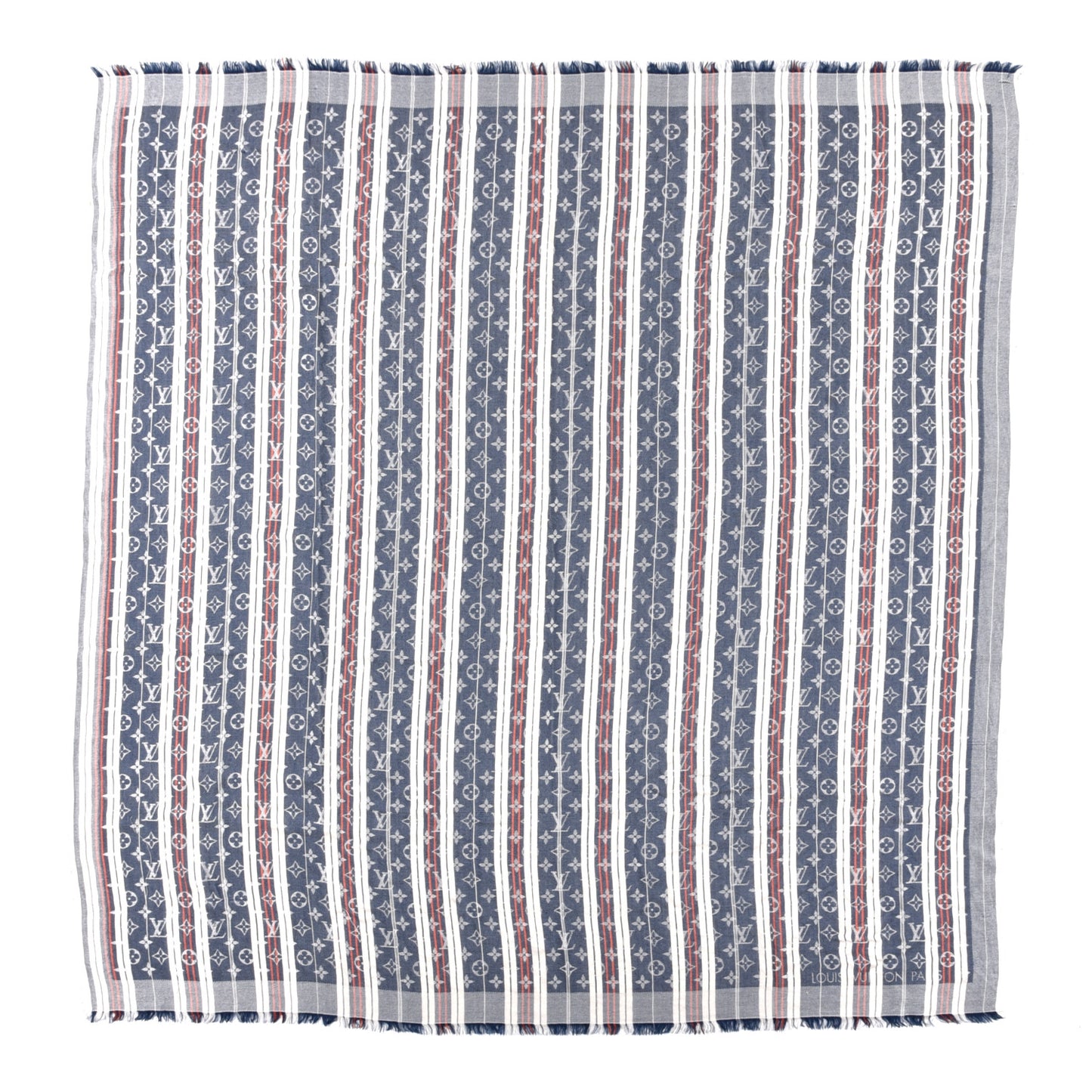 Silk Wool Monogram Mattress Stripes Shawl Blue Jean