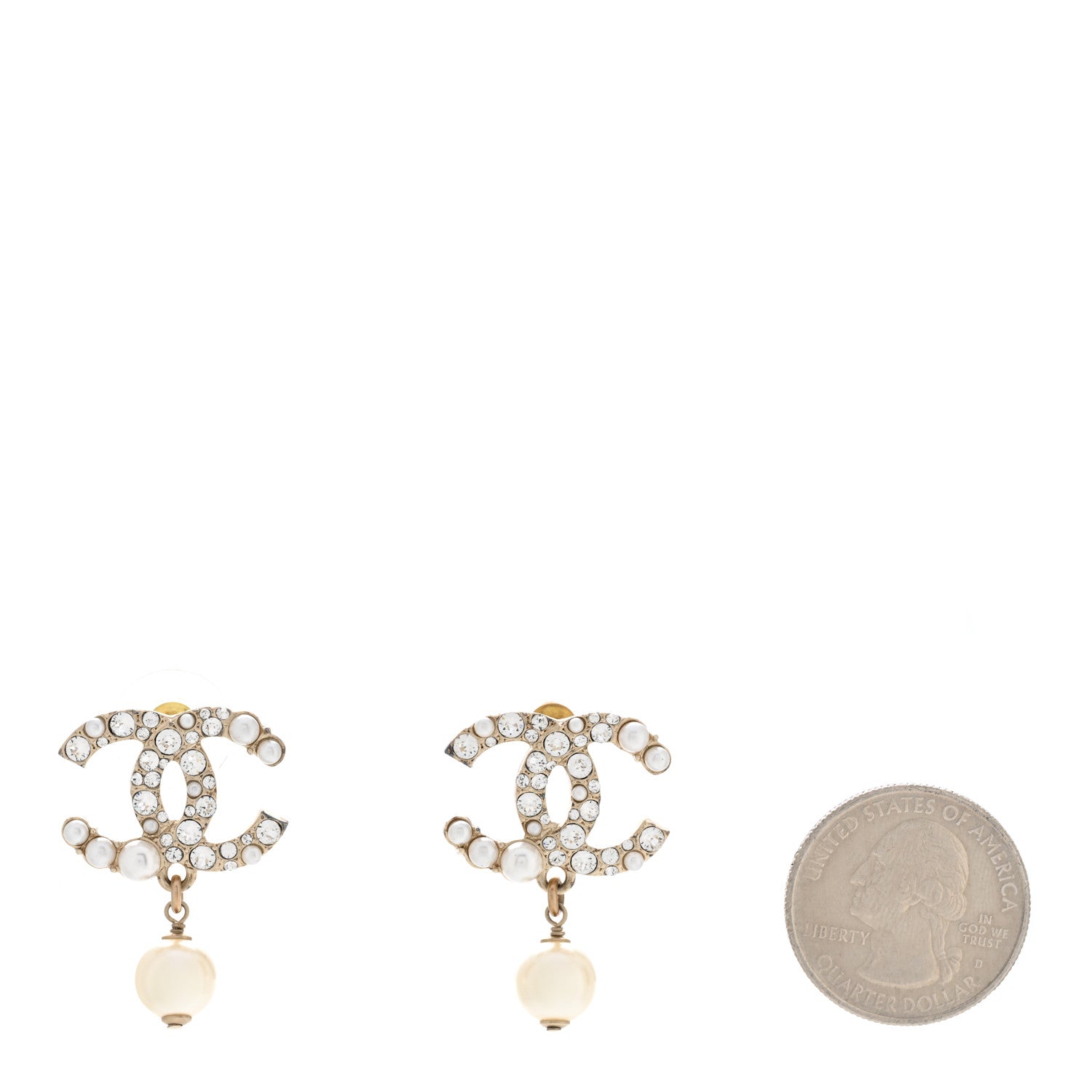 Chanel Crystal Pearl CC Drop Earrings Gold Pearly White 2 of 7