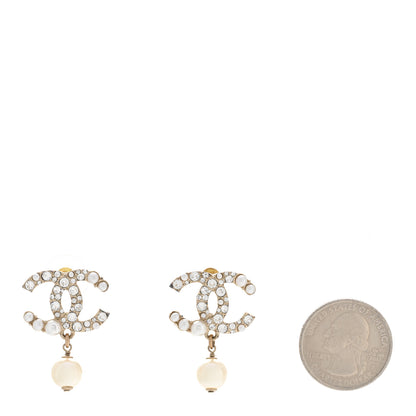 Chanel Crystal Pearl CC Drop Earrings Gold Pearly White 2 of 7