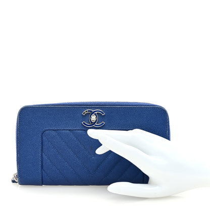 Chanel Caviar Chevron Quilted Mademoiselle Vintage Zip Around Wallet Blue 2 of 10
