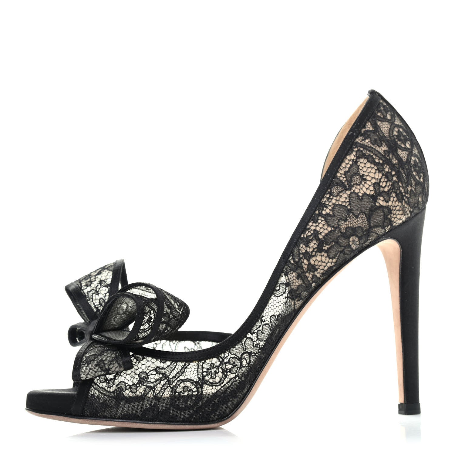 Valentino Garavani Satin Lace Couture Bow Peep Toe High Heel Pumps 38.5 Black 1 of 4