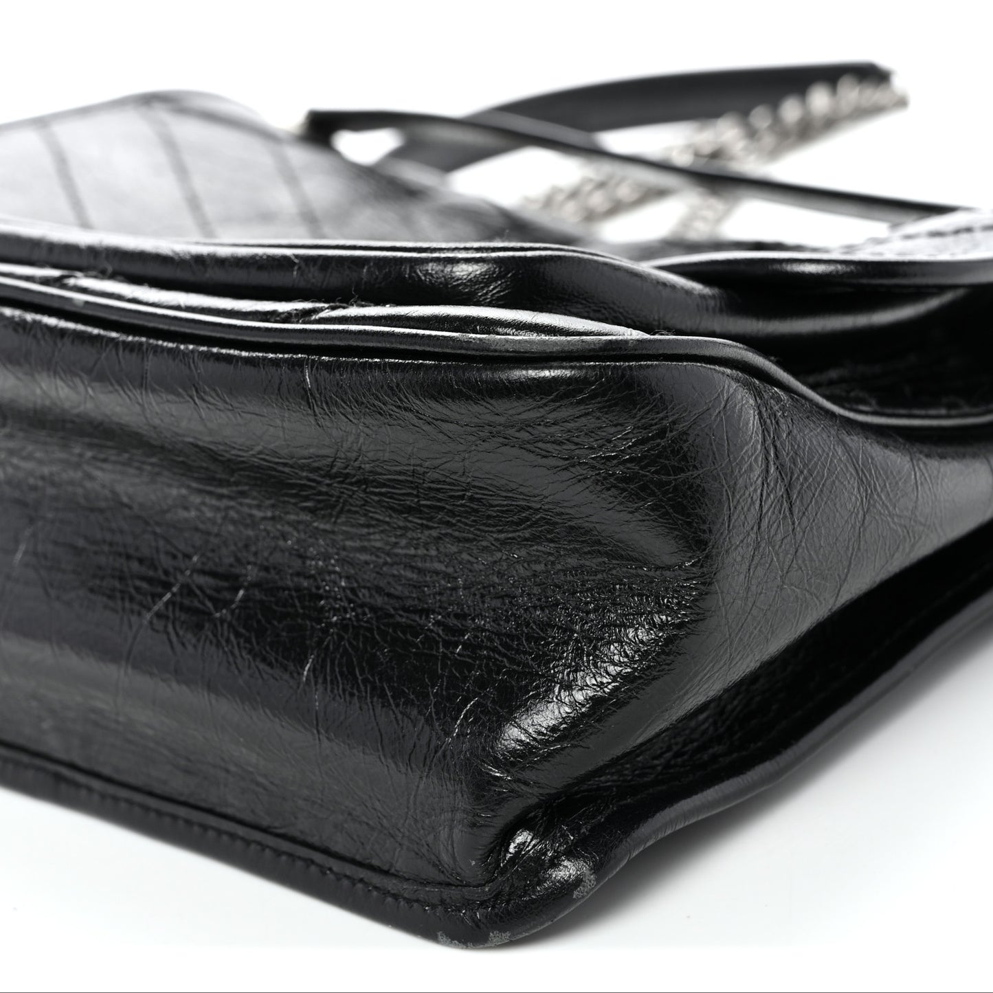 Crinkled Calfskin Matelasse Monogram Medium Niki Chain Satchel Black