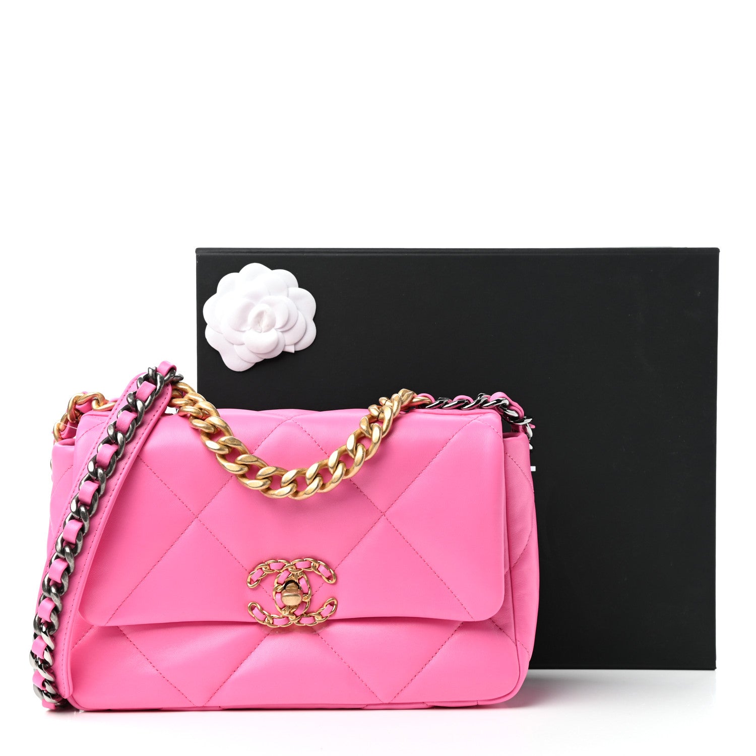 Chanel Shiny Lambskin Quilted Medium Chanel 19 Flap Neon Pink 11 of 11