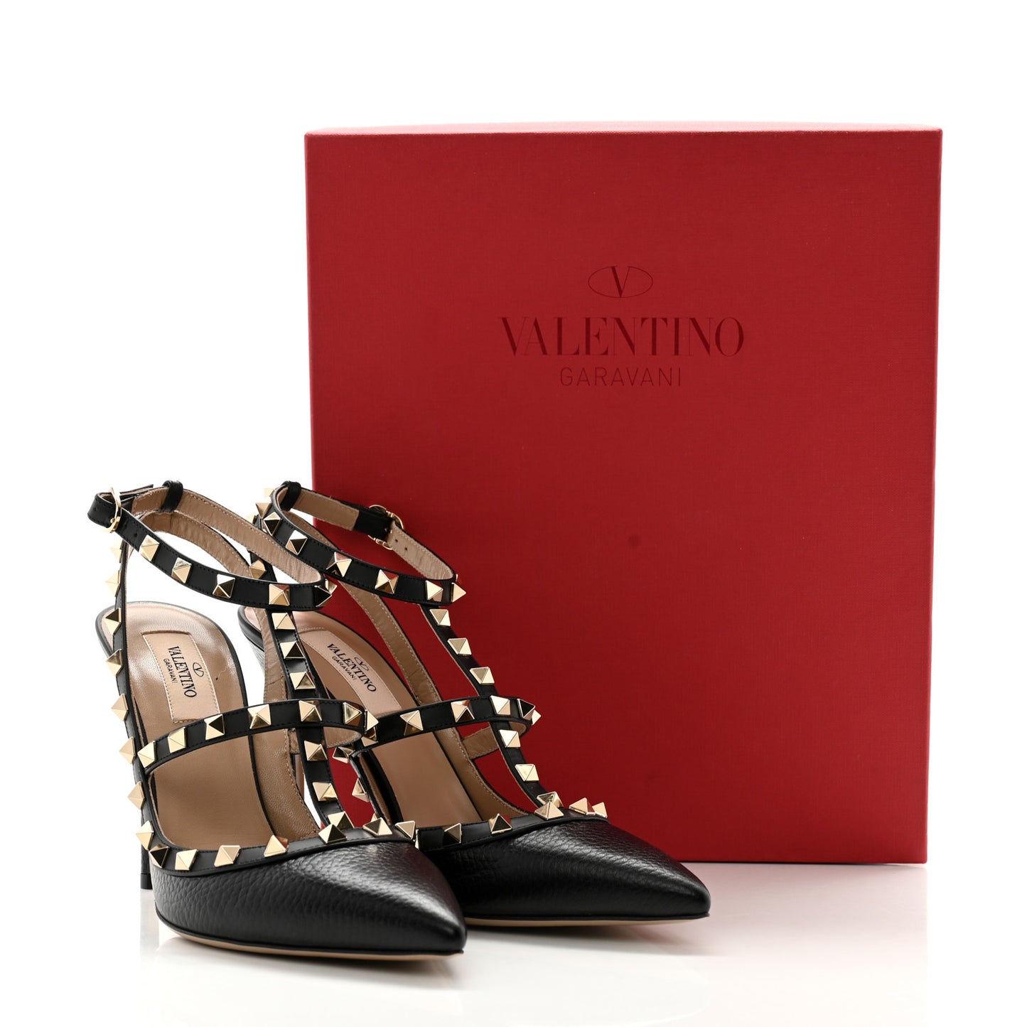 Pebbled Calfskin Rockstud Ankle Strap 100mm Pumps 39.5 Black
