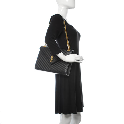 Saint Laurent Grain De Poudre Matelasse Chevron Large Monogram Satchel Black 2 of 15