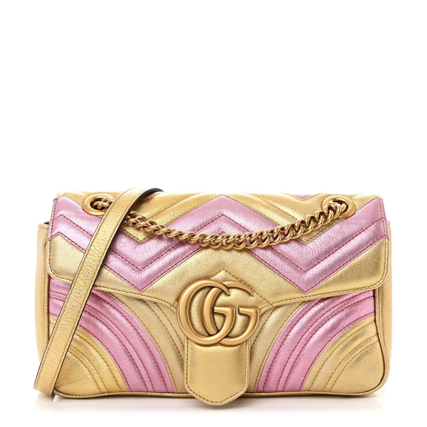 Metallic Calfskin Matelasse Small GG Marmont Shoulder Bag Gold Pink