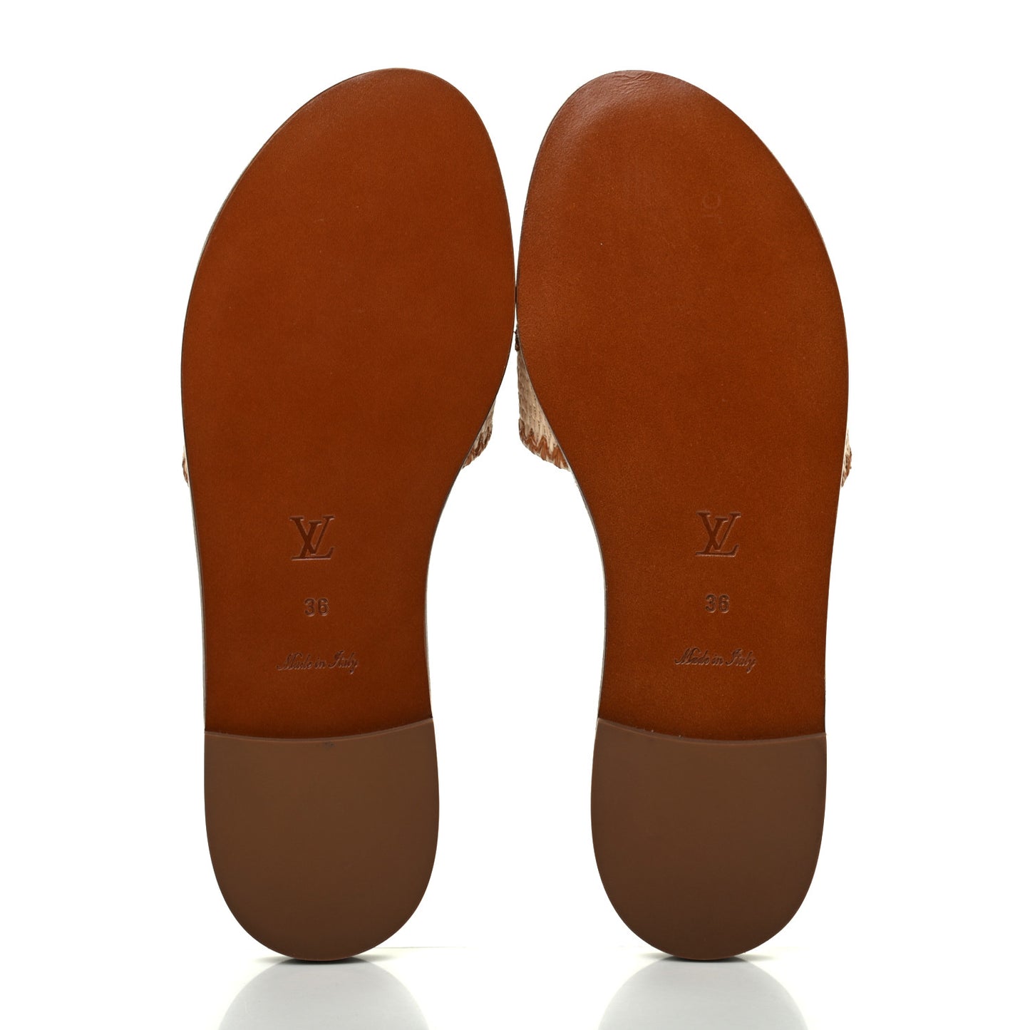Raffia Calfskin Monogram Lock It Flat Mules 36 Cognac Brown