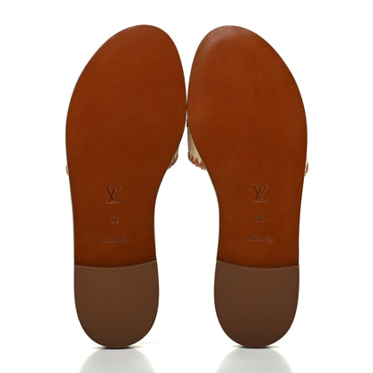 Louis Vuitton Raffia Calfskin Monogram Lock It Flat Mules 36 Cognac Brown 5 of 8