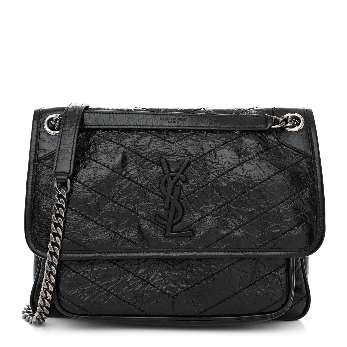 Crinkled Calfskin Matelasse Monogram Medium Niki Chain Satchel Black