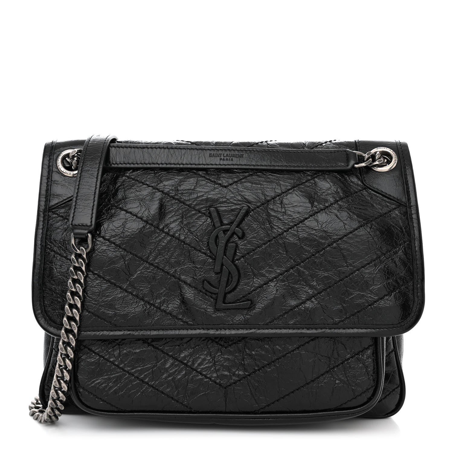 Saint Laurent Crinkled Calfskin Matelasse Monogram Medium Niki Chain Satchel Black 1 of 11