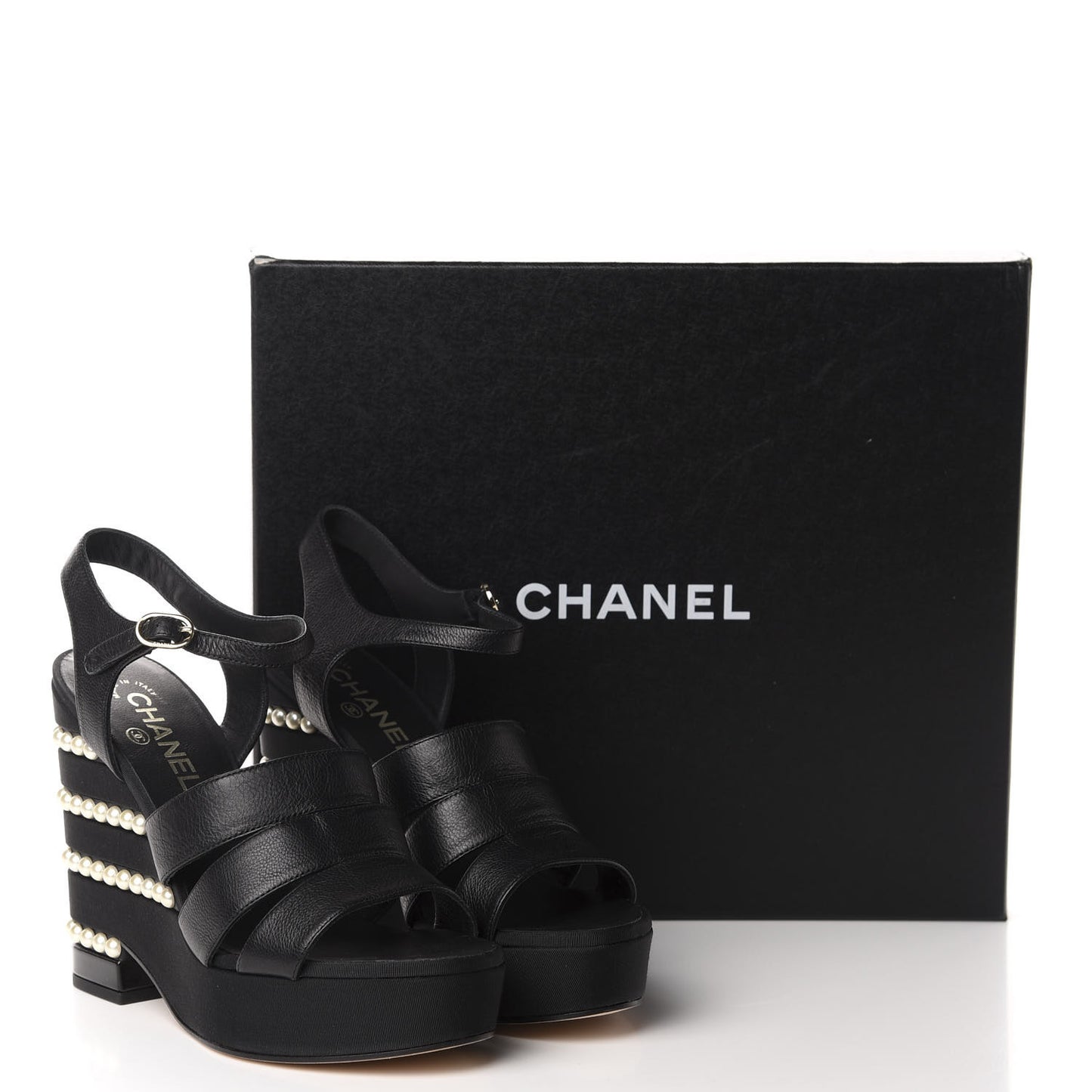 Calfskin Grosgrain Pearl Wedge Sandals 40 Black