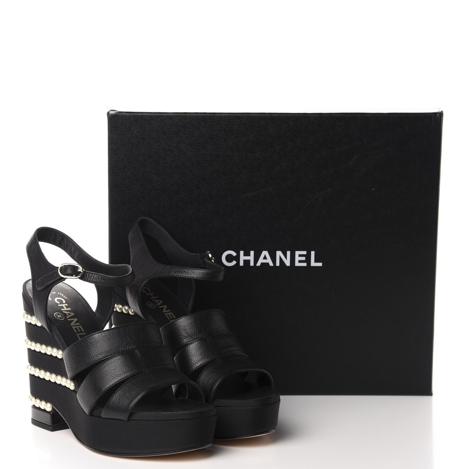 Chanel Calfskin Grosgrain Pearl Wedge Sandals 40 Black 10 of 10