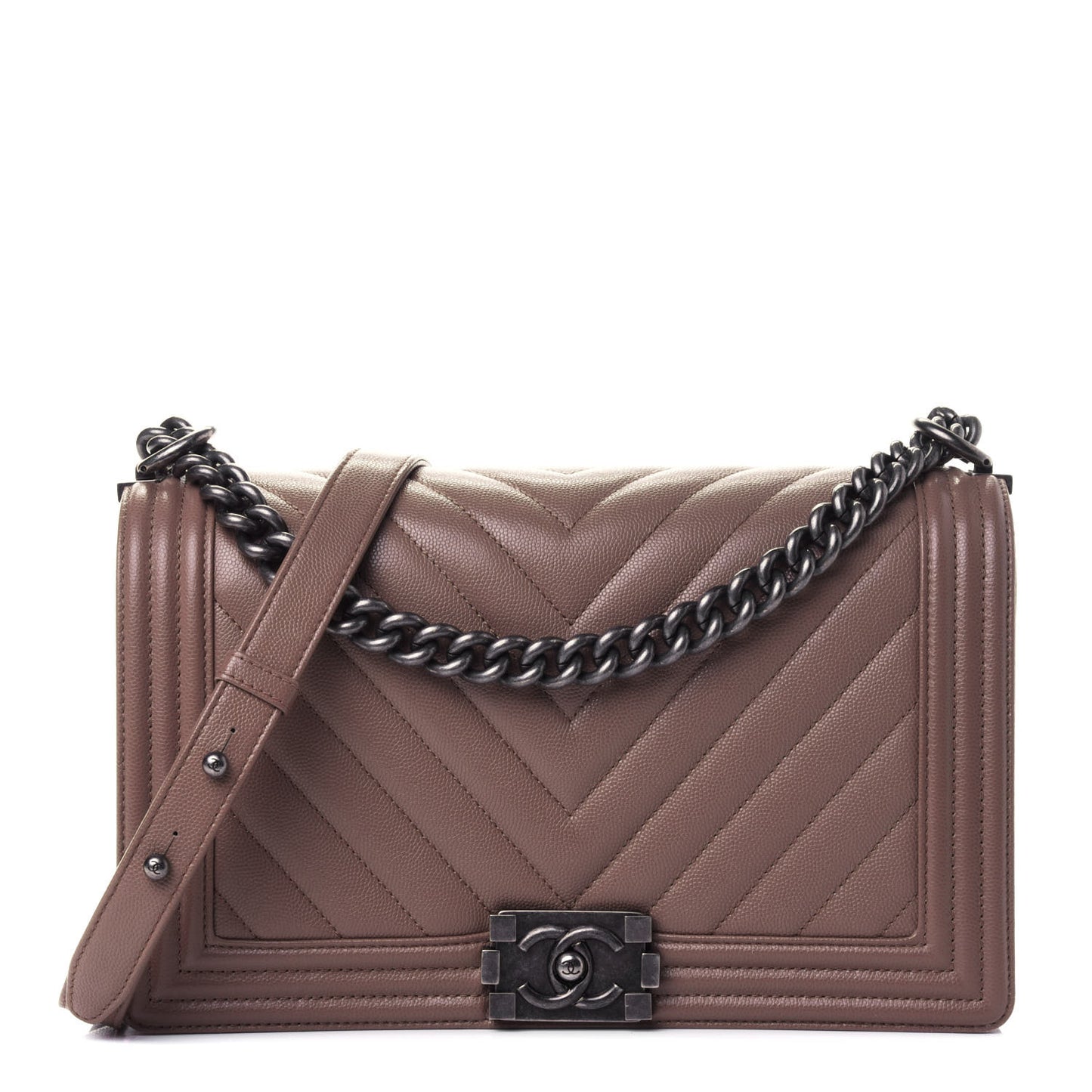 Caviar Chevron Quilted New Medium Boy Flap Dark Beige