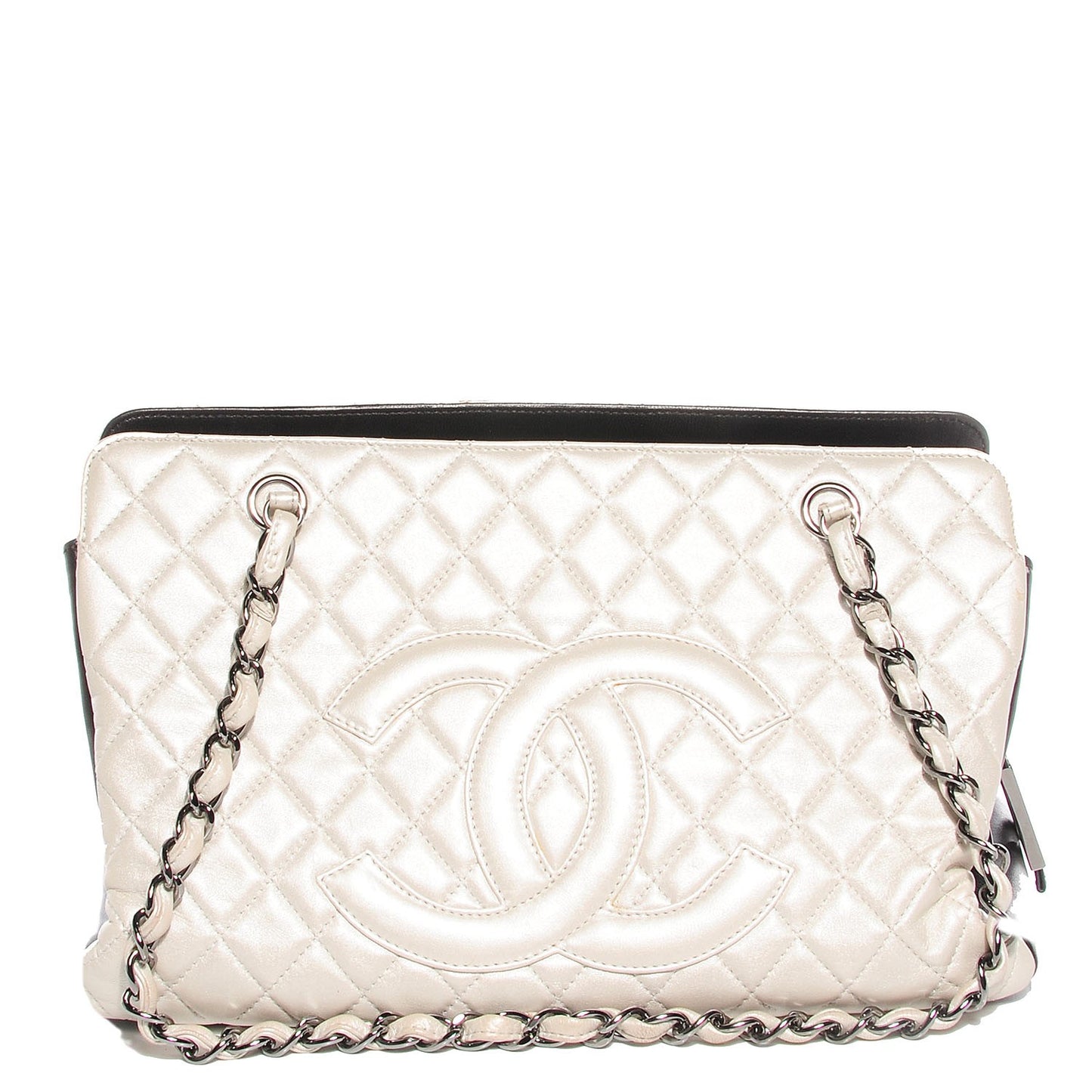 Metallic Calfskin Quilted Mademoiselle Tote Pearl Black