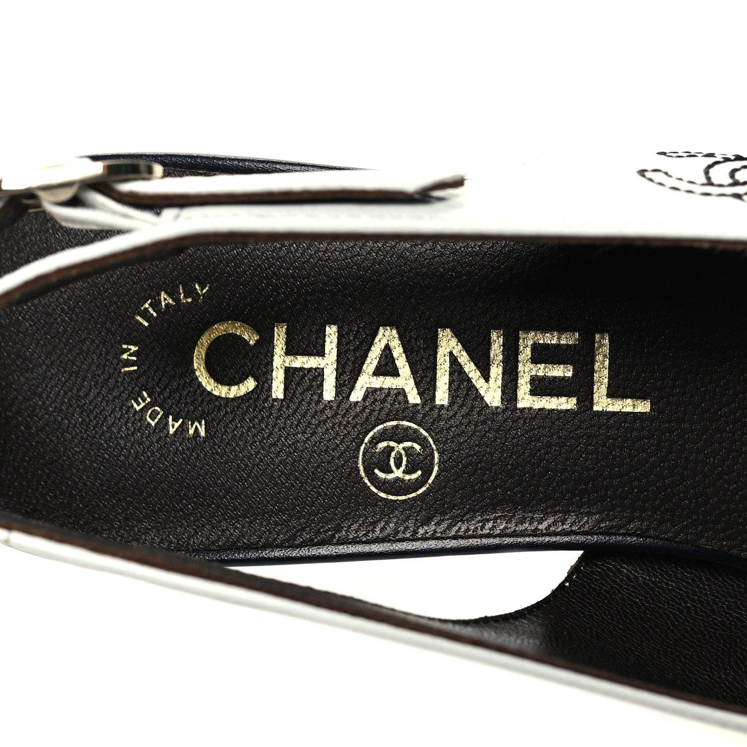 Chanel Calfskin Cap Toe CC Slingback Pumps 37.5 White Dark Navy 8 of 9