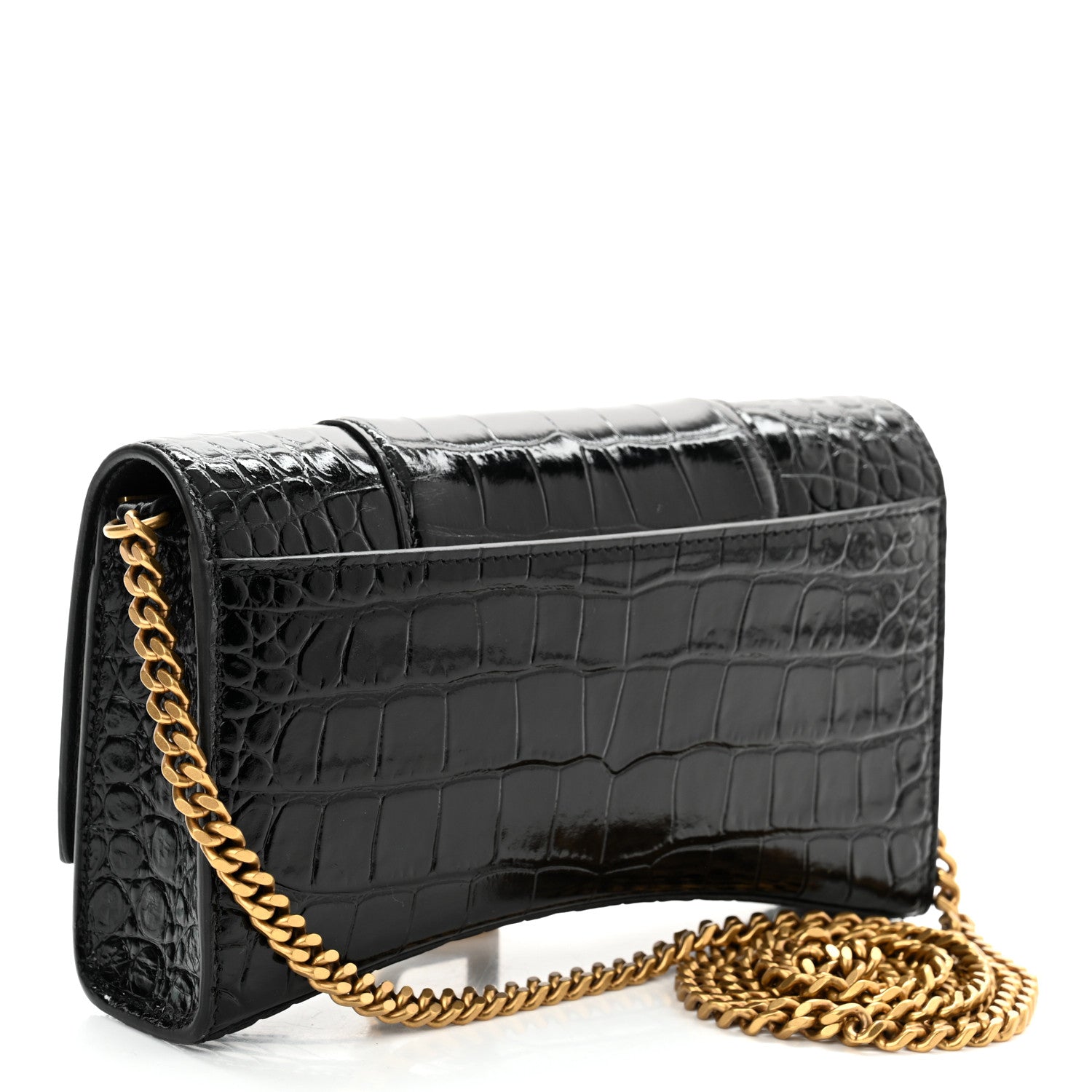 Balenciaga Shiny Calfskin Crocodile Embossed Hourglass Chain Bag Black 2 of 9