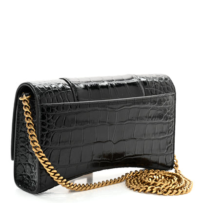 Balenciaga Shiny Calfskin Crocodile Embossed Hourglass Chain Bag Black 2 of 9