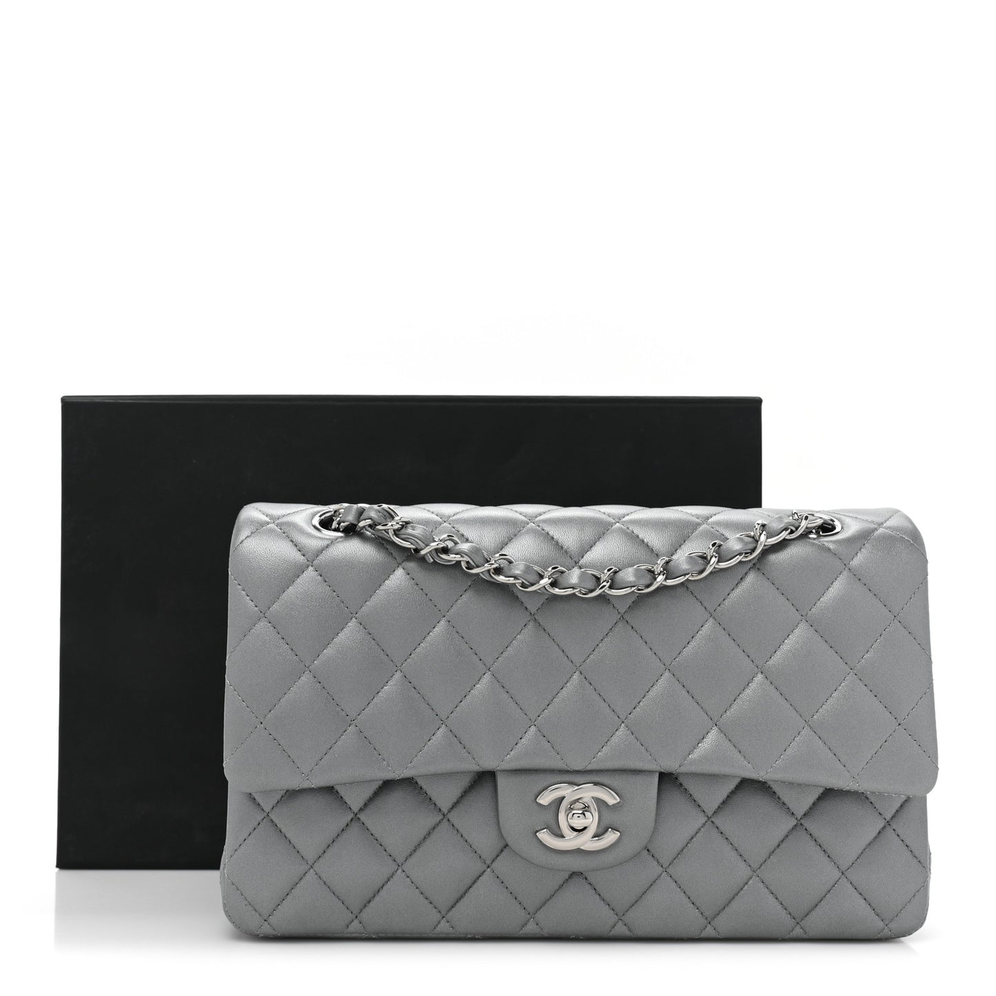 Metallic Lambskin Quilted Medium Double Flap Silver