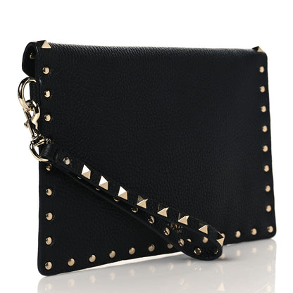 Valentino Garavani Pebbled Calfskin Medium Rockstud Envelope Flat Wristlet Pouch Black 3 of 7