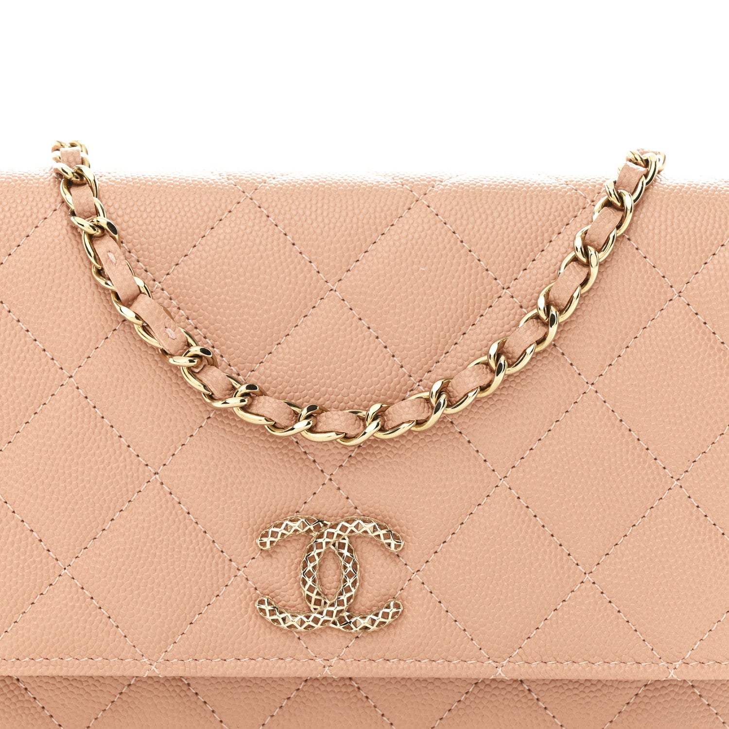 Chanel Caviar Quilted Perforated Metal CC Wallet On Chain WOC Beige 9 of 11