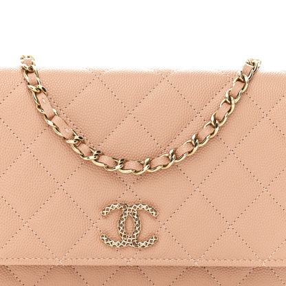 Chanel Caviar Quilted Perforated Metal CC Wallet On Chain WOC Beige 9 of 11