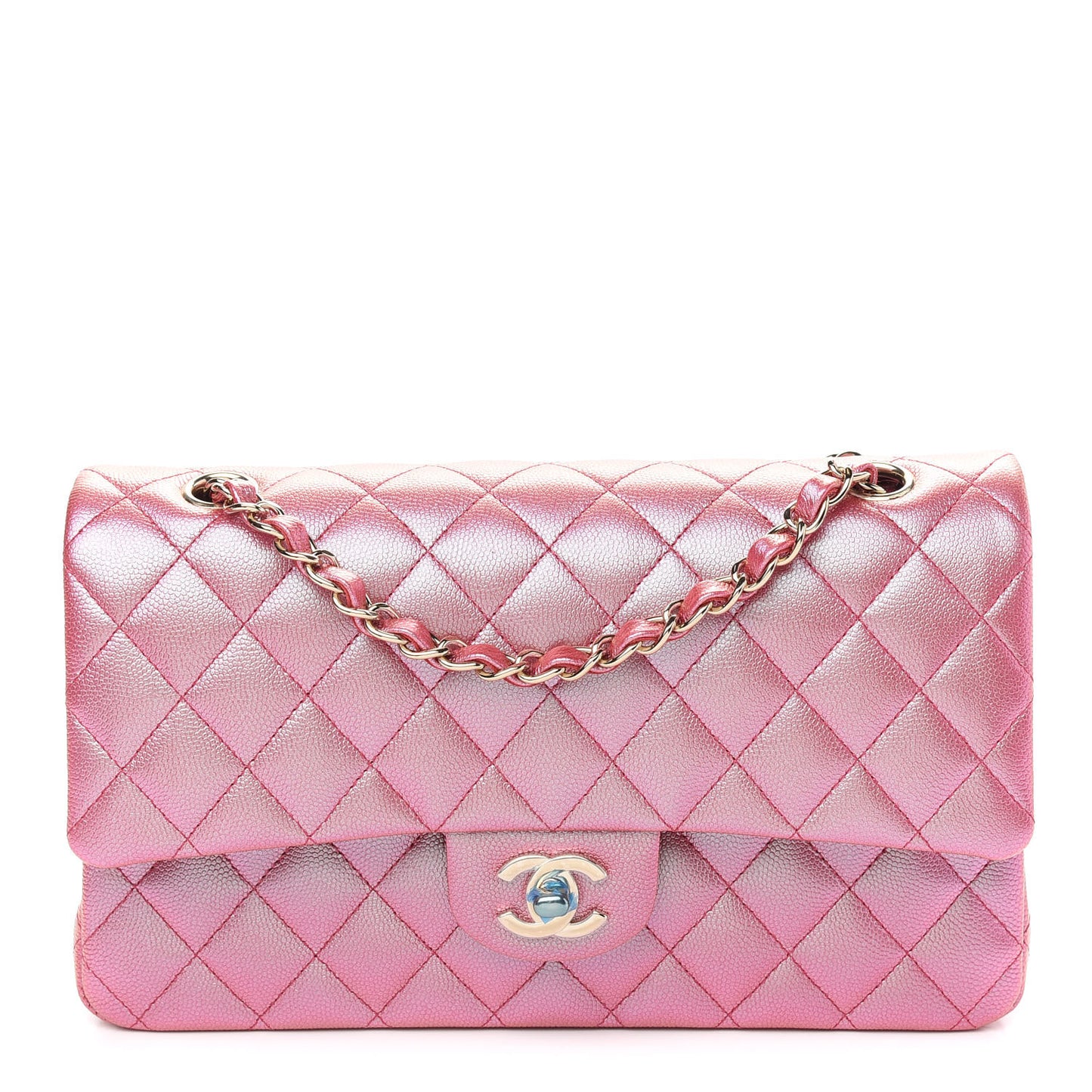 Iridescent Caviar Quilted Medium Double Flap Dark Pink