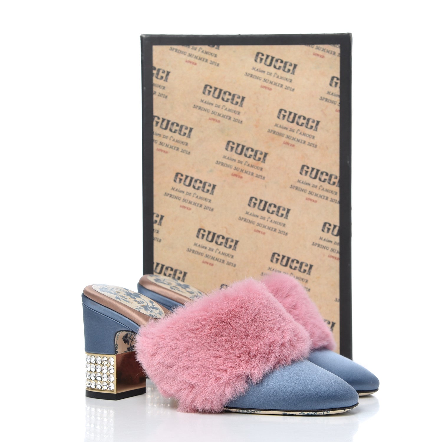 Gucci Faux Fur Silk Satin Crystal Candy Mules 38 Rosa Carta Zucchero 14 of 14