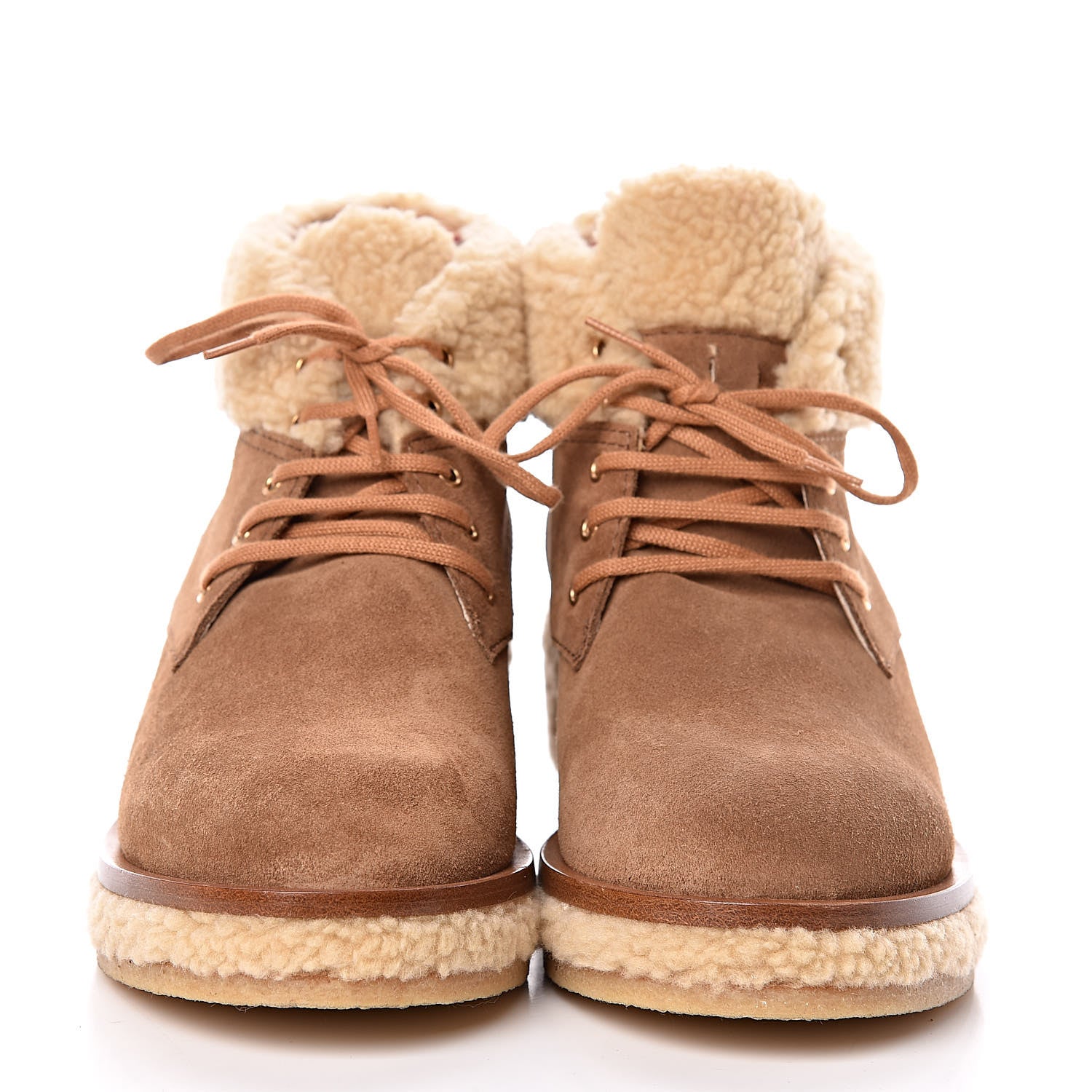 Chanel Shearling Suede Calfskin Womens Lace Up Ankle Boots 37.5 Brown Beige 2 of 11