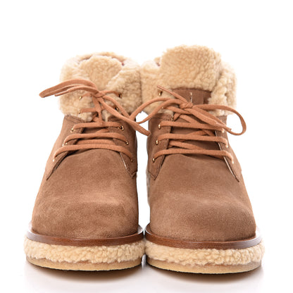 Chanel Shearling Suede Calfskin Womens Lace Up Ankle Boots 37.5 Brown Beige 2 of 11