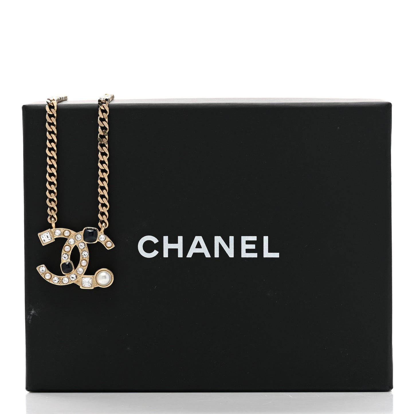 Crystal Pearl Resin CC Chain Necklace Gold Pearly White Black
