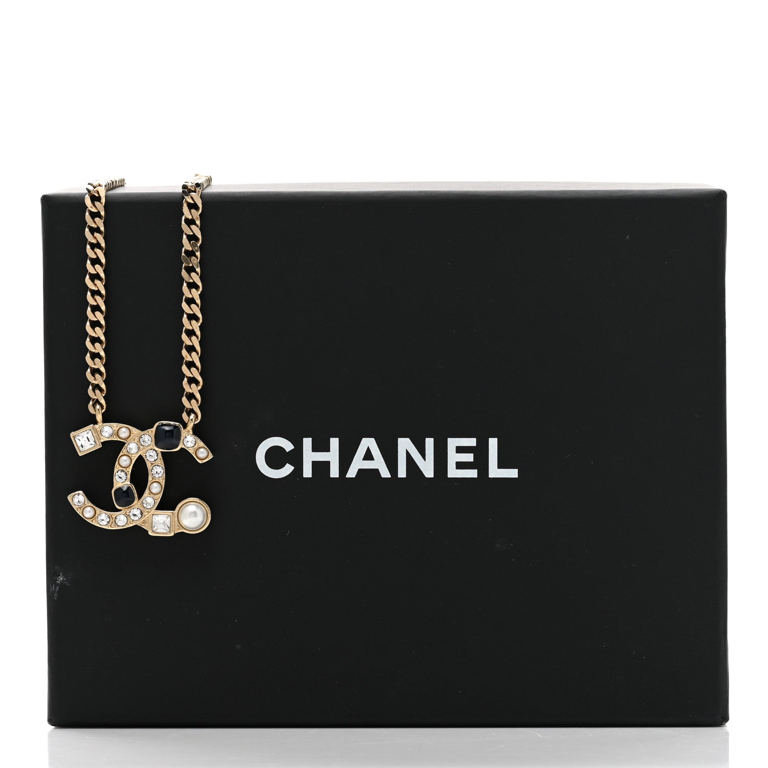 Chanel Crystal Pearl Resin CC Chain Necklace Gold Pearly White Black 6 of 6