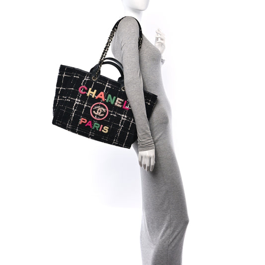 Tweed Medium Deauville Tote Black White Multicolor