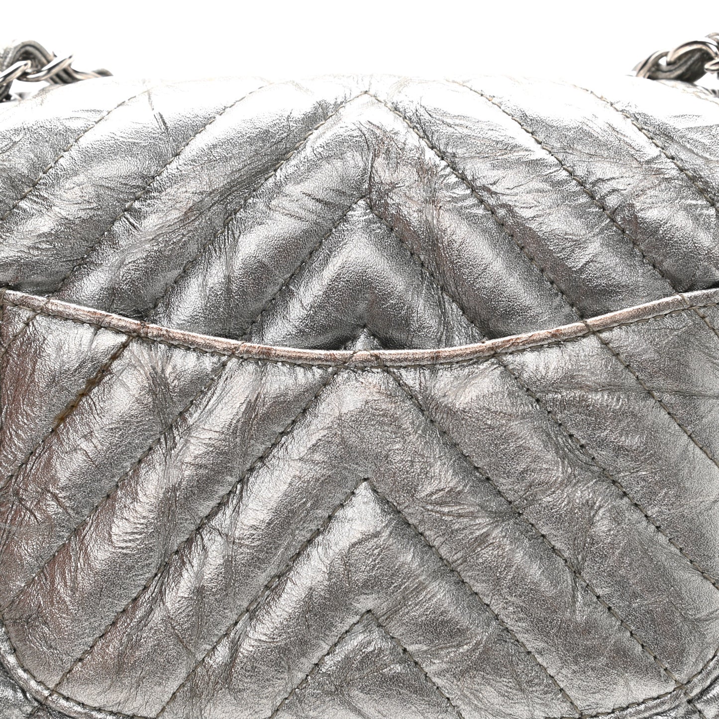 Patent Metallic Crumpled Calfskin Chevron Quilted Mini Rectangular Flap Silver