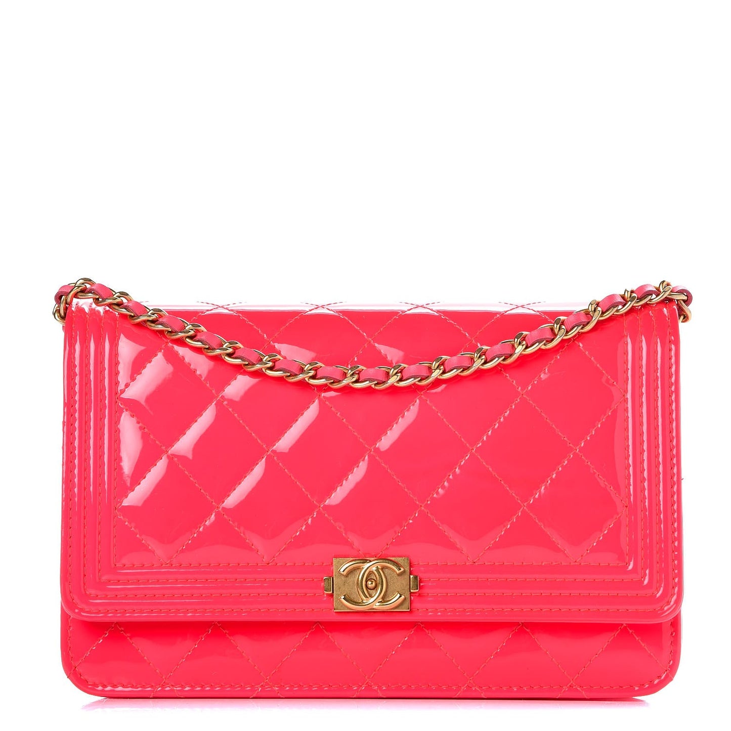 Patent Calfskin Quilted Boy Wallet On Chain WOC Pink
