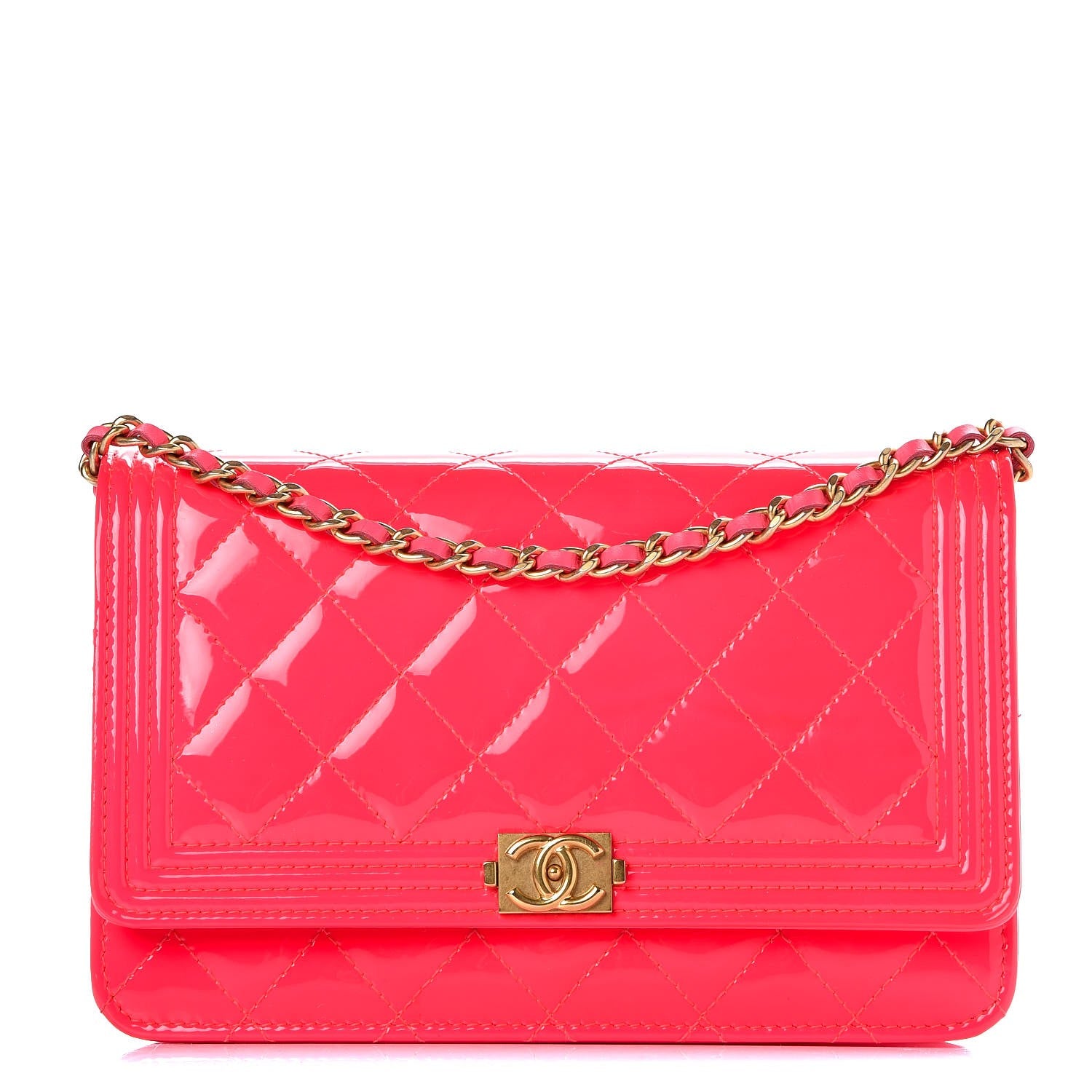 Chanel Patent Calfskin Quilted Boy Wallet On Chain WOC Pink 1 of 7