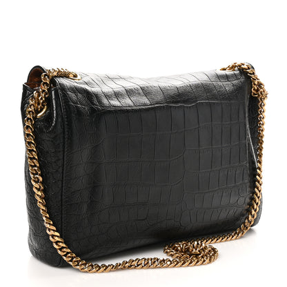 Saint Laurent Calfskin Crocodile Embossed Suede Medium Reversible Monogram Kate Satchel Military Taupe 3 of 11