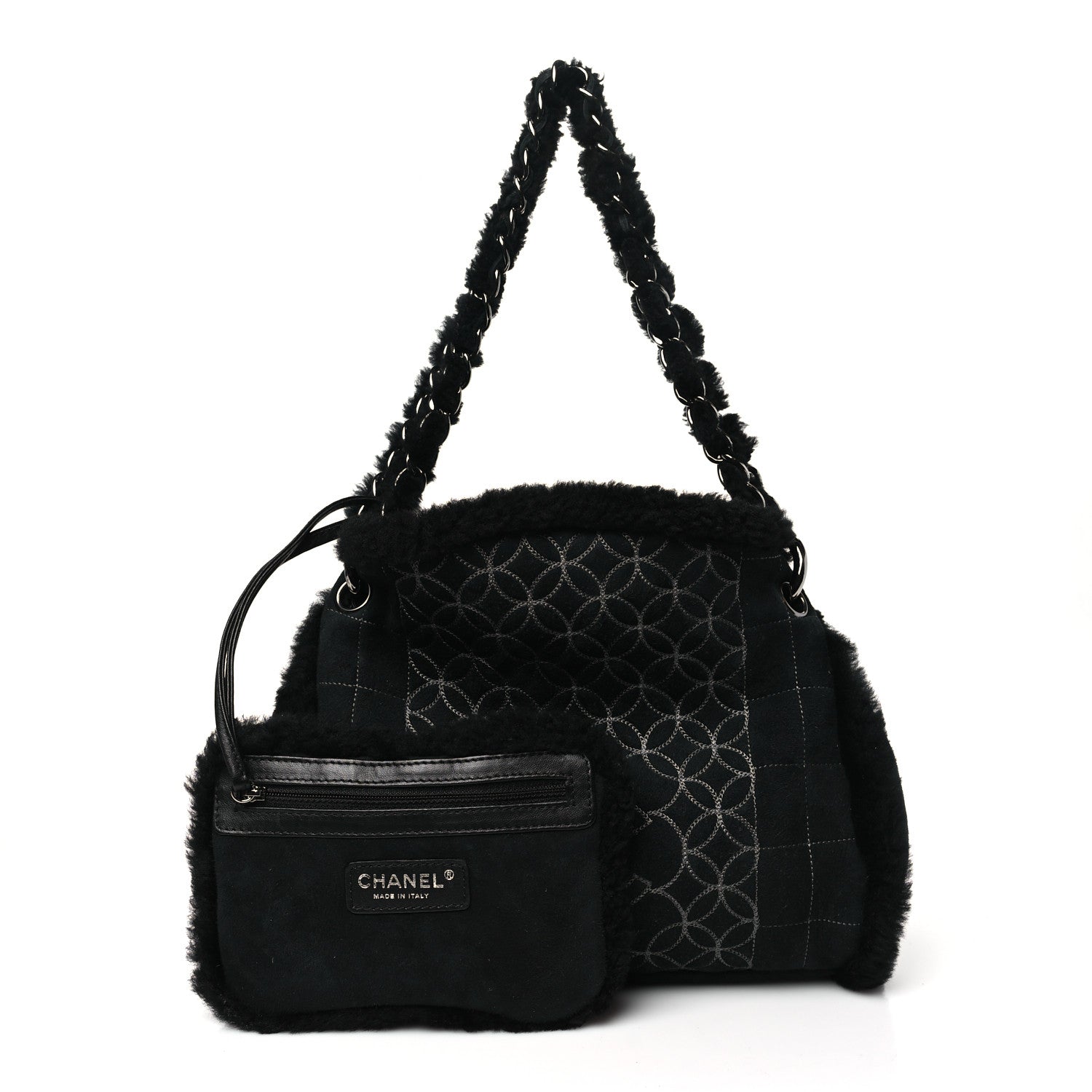 Chanel Suede Shearling Stitched CC Mini Tote Black 4 of 10