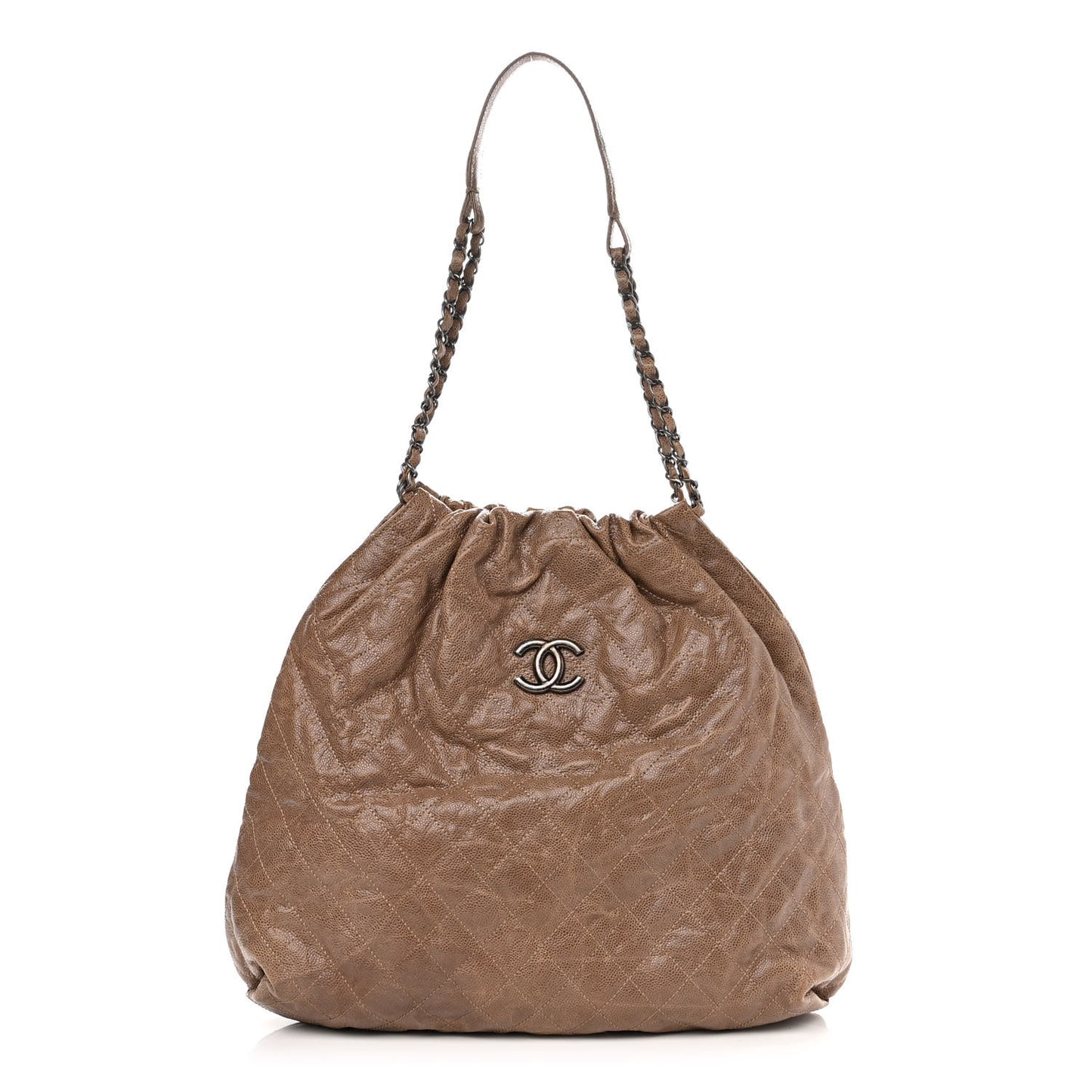 Distressed Glazed Caviar Quilted Large Elastic Tote Brown
