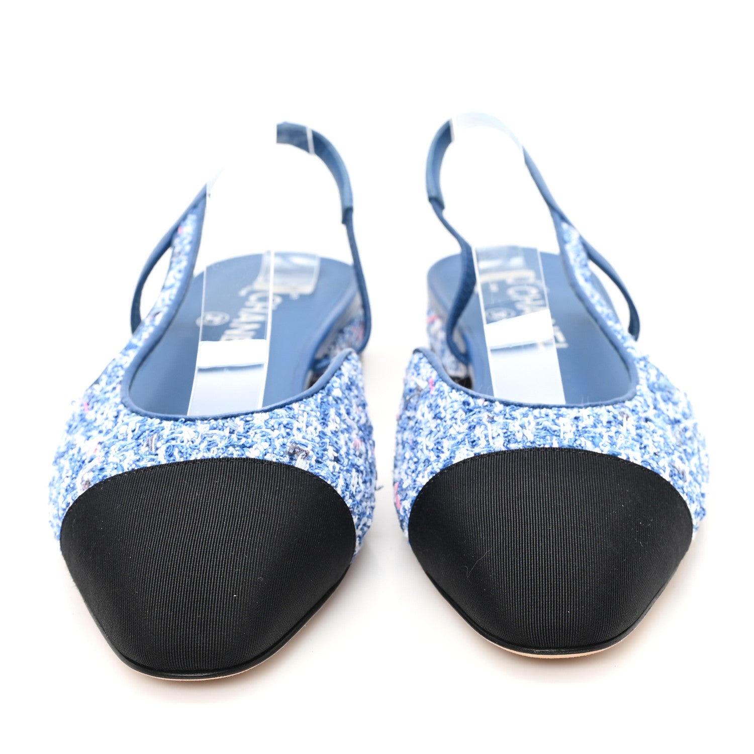 Chanel Tweed Grosgrain Cap Toe Slingback Flats 39 Blue White Black 3 of 9