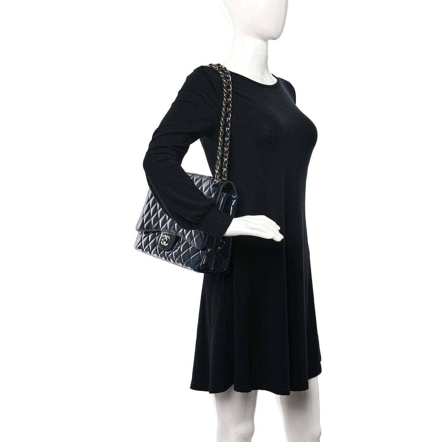 Patent Quilted Maxi Single Flap Navy Blue