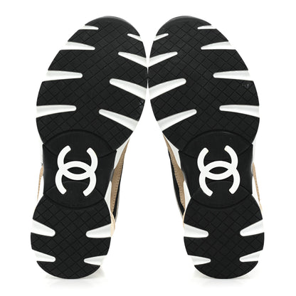 Chanel Mesh Suede Calfskin Womens CC Sneakers 36 White Black Beige Gold 6 of 9