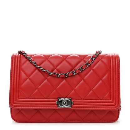 Chanel Lambskin Quilted Boy Wallet On Chain WOC Red 1 of 14