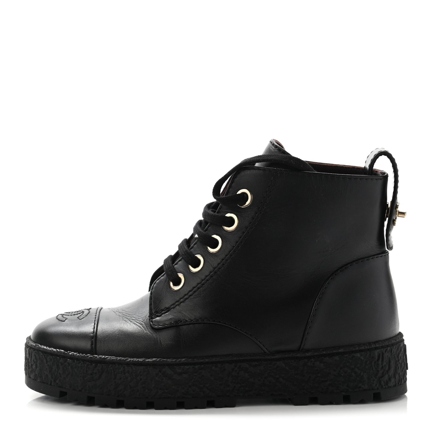 Calfskin CC Turnlock Lace Up Boots 35.5 Black