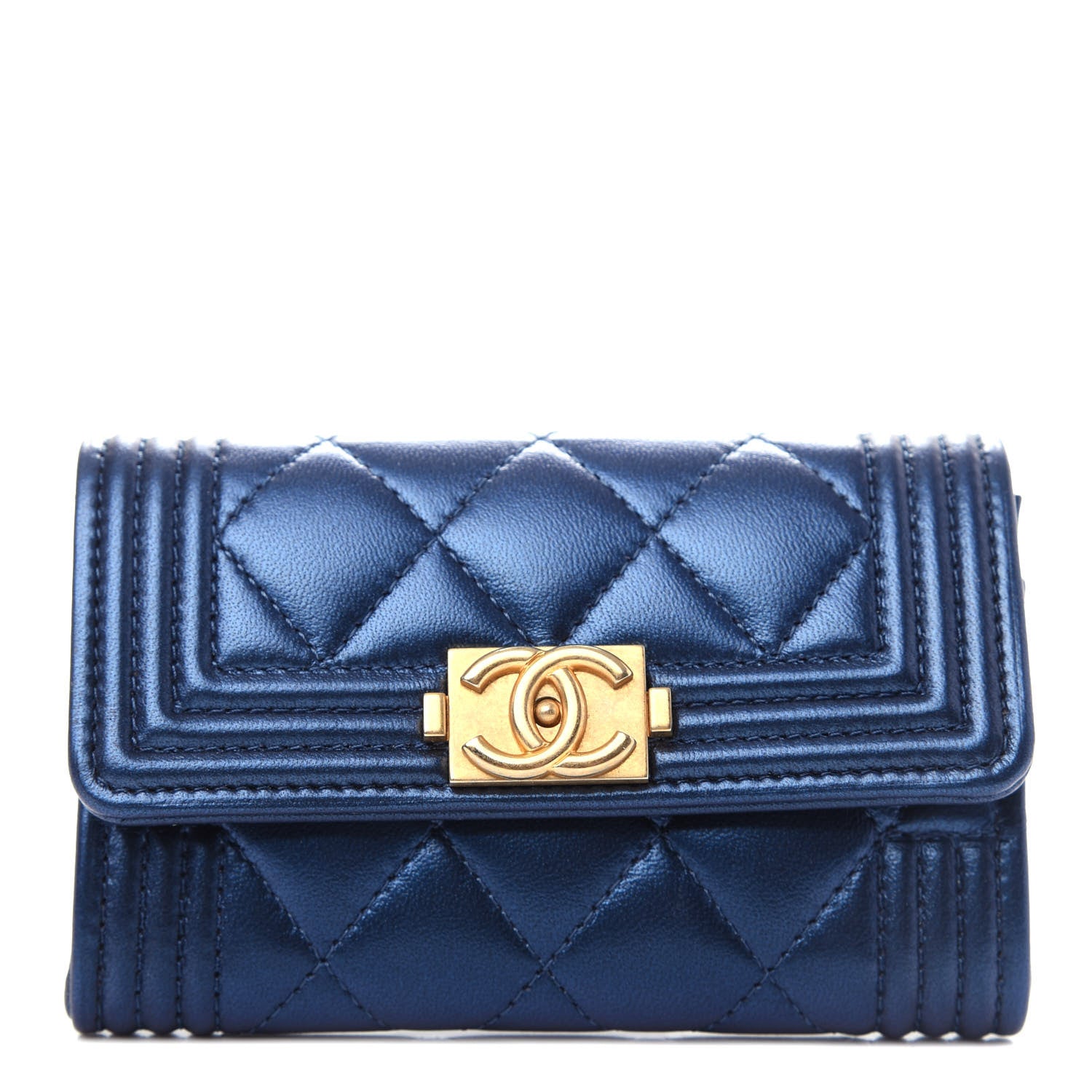 Chanel Metallic Lambskin Quilted Boy Flap Card Holder Blue 1 of 9
