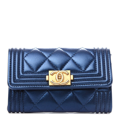 Chanel Metallic Lambskin Quilted Boy Flap Card Holder Blue 1 of 9