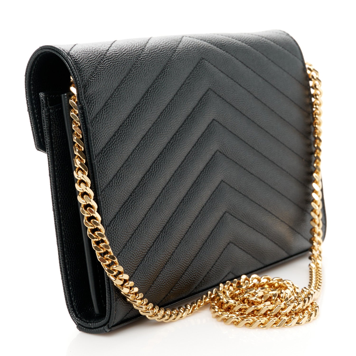 Saint Laurent Grain De Poudre Matelasse Chevron Monogram Chain Wallet Black 3 of 12